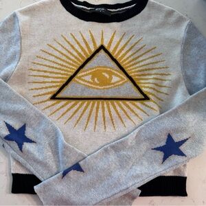 Nasty Gal Gray Sweater with Gold Triangle and Blue Stars
